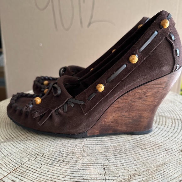 Sam Edelman Angelina Brown Moccasins with Fringe and Wedge Heel - Picture 3 of 8